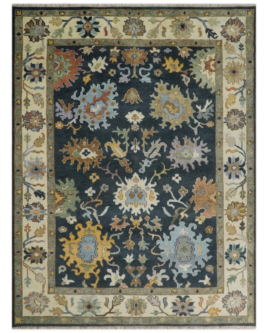 9x12 Hand Knotted Charcoal and Ivory Oushak Traditional Persian Vintage Wool Rug | TRDCP789912 - The Rug Decor