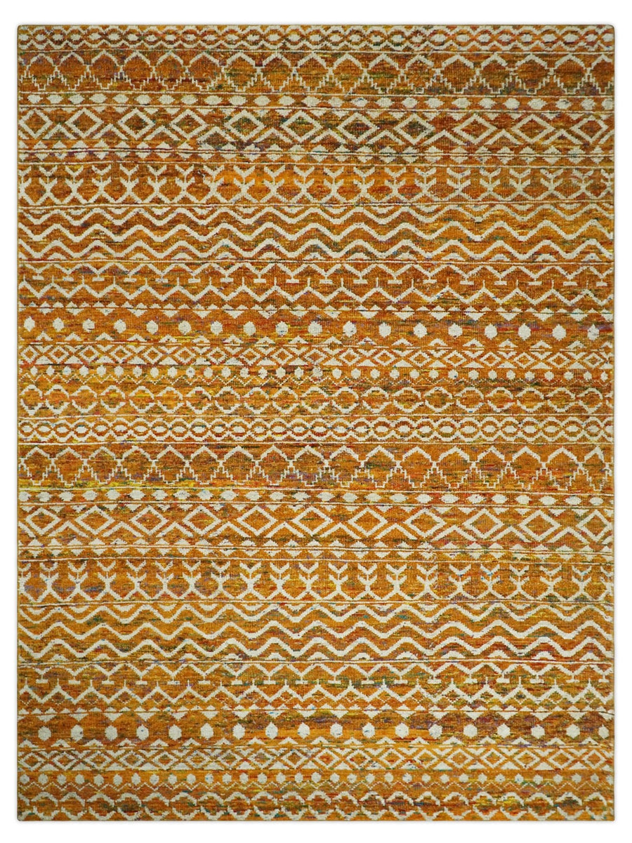 9x12 Hand Knotted Gold and White Modern Contemporary Southwestern Tribal Trellis Recycled Silk Area Rug | OP16 - The Rug Decor