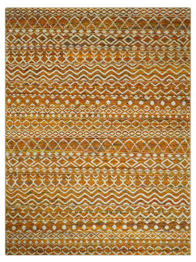 9x12 Hand Knotted Gold and White Modern Contemporary Southwestern Tribal Trellis Recycled Silk Area Rug | OP16 - The Rug Decor