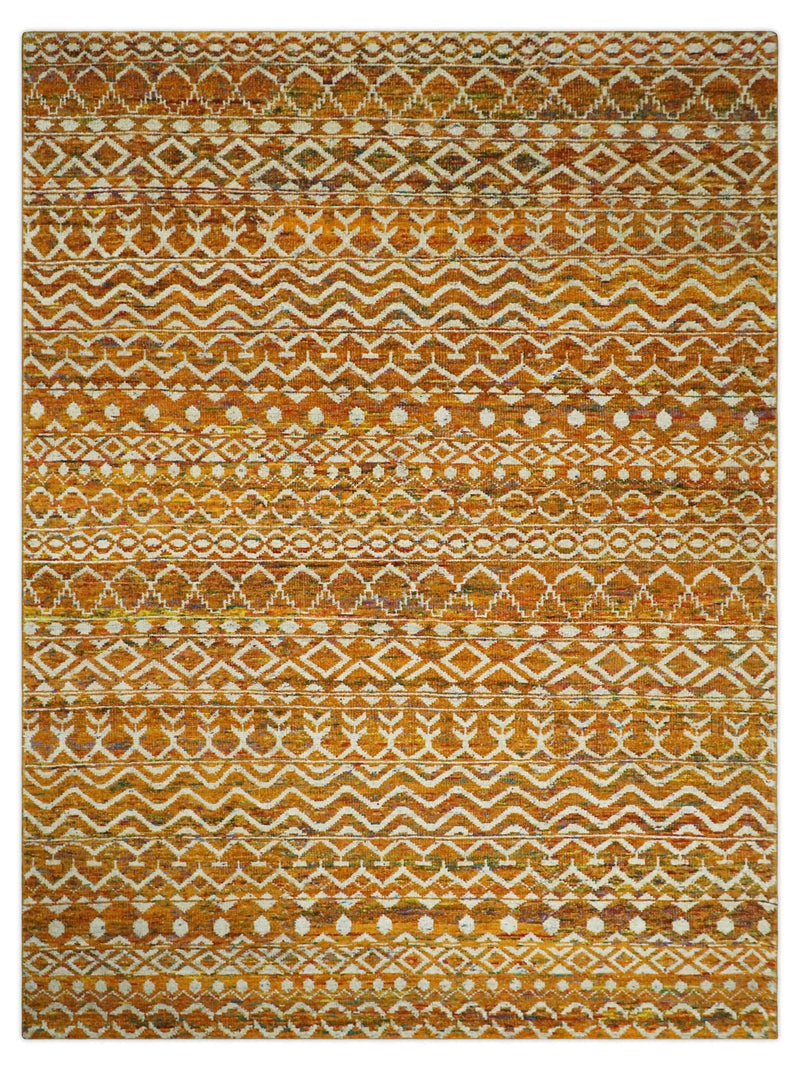 9x12 Hand Knotted Gold and White Modern Contemporary Southwestern Tribal Trellis Recycled Silk Area Rug | OP16 - The Rug Decor