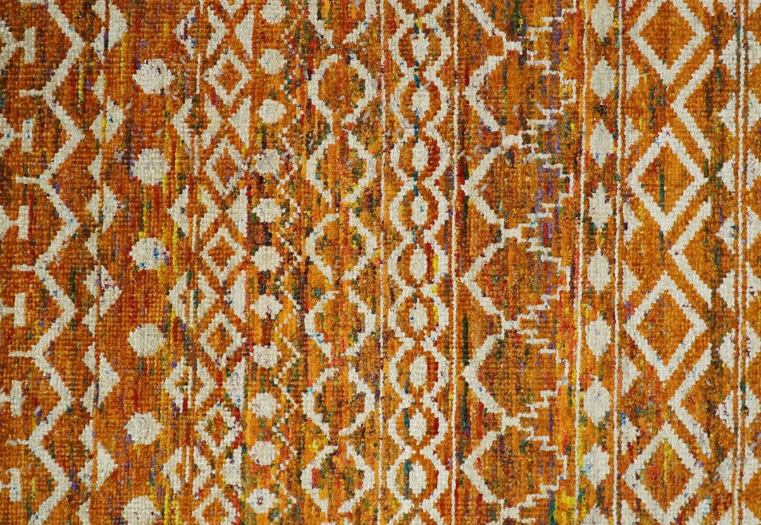 9x12 Hand Knotted Gold and White Modern Contemporary Southwestern Tribal Trellis Recycled Silk Area Rug | OP16 - The Rug Decor