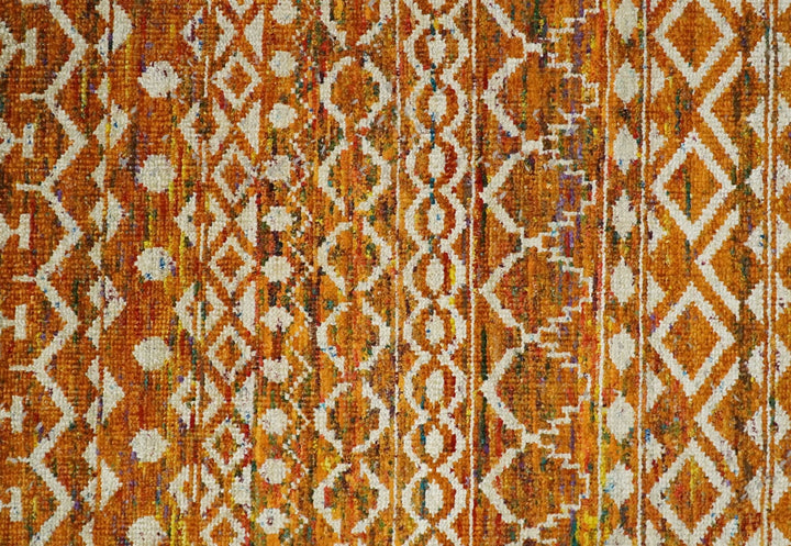 9x12 Hand Knotted Gold and White Modern Contemporary Southwestern Tribal Trellis Recycled Silk Area Rug | OP16 - The Rug Decor