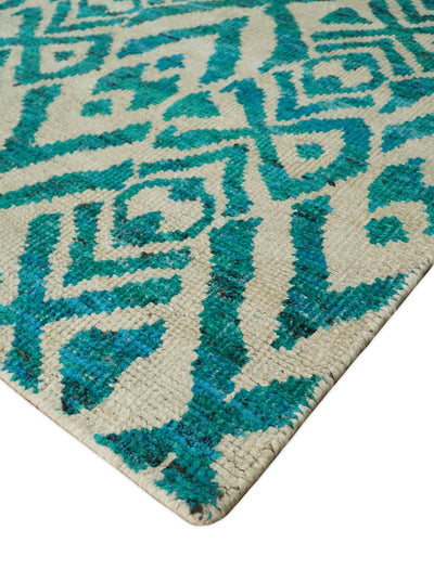 9x12 Hand Knotted Ivory and Blue Modern Contemporary Southwestern Tribal Trellis Recycled Silk Area Rug | OP21 - The Rug Decor