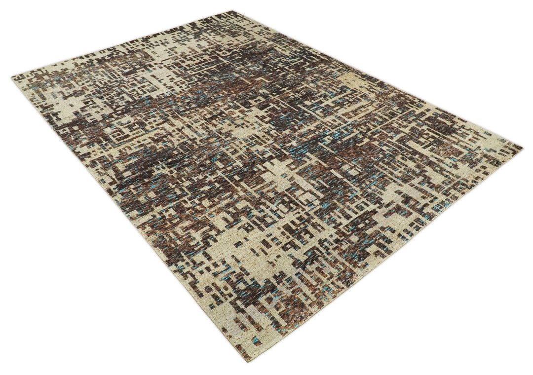 9x12 Hand Knotted Ivory and Brown Modern Abstract Contemporary Recycled Silk Area Rug | OP12 - The Rug Decor