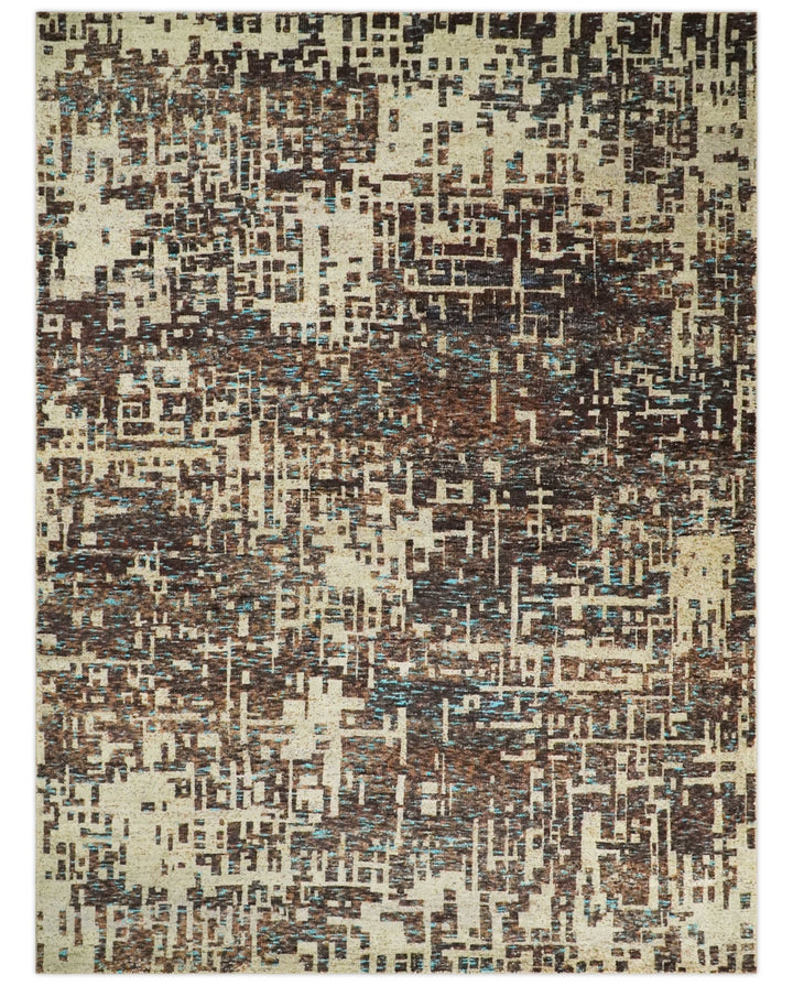 9x12 Hand Knotted Ivory and Brown Modern Abstract Contemporary Recycled Silk Area Rug | OP12 - The Rug Decor