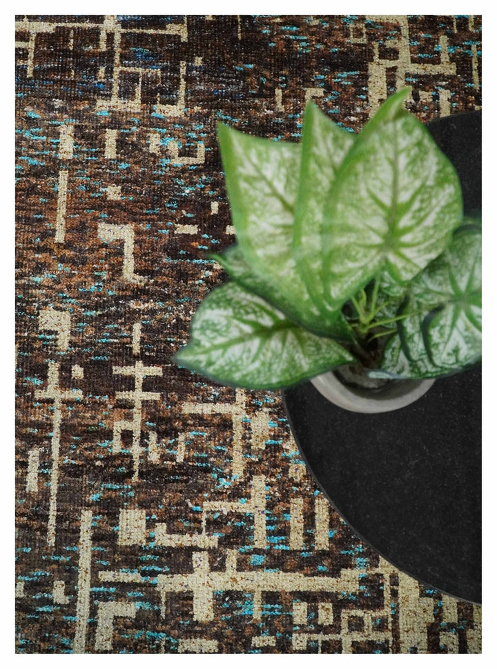 9x12 Hand Knotted Ivory and Brown Modern Abstract Contemporary Recycled Silk Area Rug | OP12 - The Rug Decor