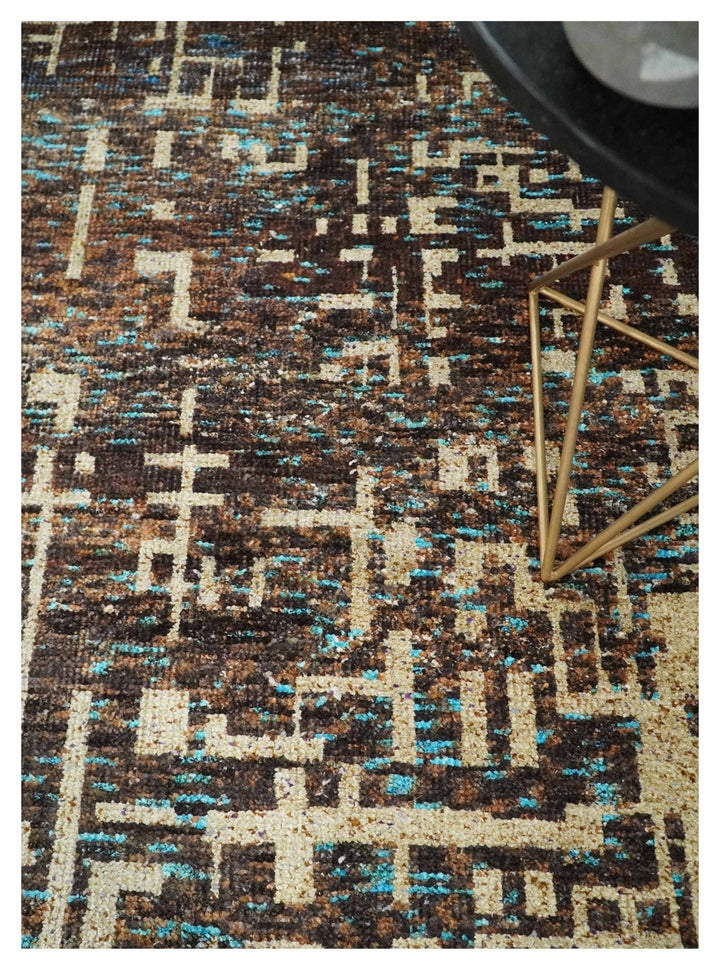 9x12 Hand Knotted Ivory and Brown Modern Abstract Contemporary Recycled Silk Area Rug | OP12 - The Rug Decor