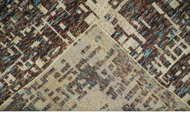 9x12 Hand Knotted Ivory and Brown Modern Abstract Contemporary Recycled Silk Area Rug | OP12 - The Rug Decor