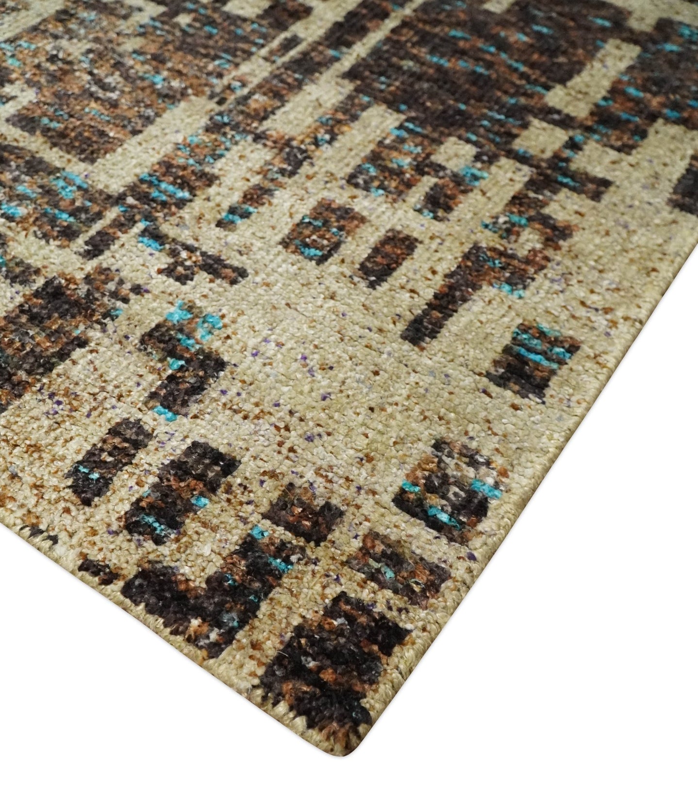 9x12 Hand Knotted Ivory and Brown Modern Abstract Contemporary Recycled Silk Area Rug | OP12 - The Rug Decor