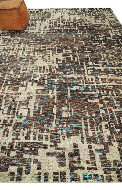 9x12 Hand Knotted Ivory and Brown Modern Abstract Contemporary Recycled Silk Area Rug | OP12 - The Rug Decor