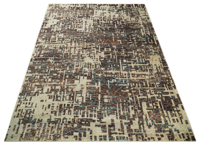 9x12 Hand Knotted Ivory and Brown Modern Abstract Contemporary Recycled Silk Area Rug | OP12 - The Rug Decor