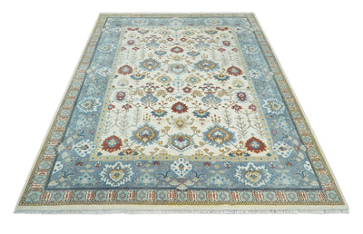 9x12 Hand Knotted Ivory, Blue and Olive Persian Oushak Wool Area Rug | TRDCP904912 - The Rug Decor