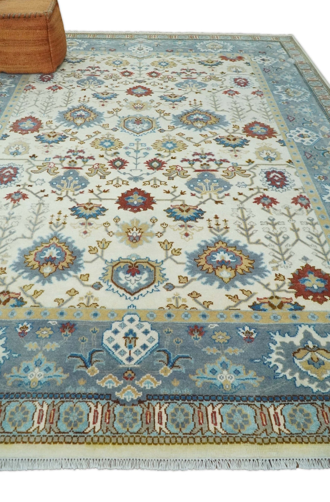 9x12 Hand Knotted Ivory, Blue and Olive Persian Oushak Wool Area Rug | TRDCP904912 - The Rug Decor