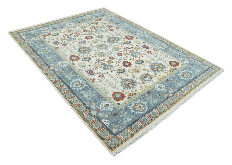 9x12 Hand Knotted Ivory, Blue and Olive Persian Oushak Wool Area Rug | TRDCP904912 - The Rug Decor