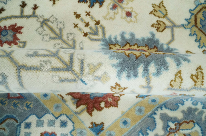 9x12 Hand Knotted Ivory, Blue and Olive Persian Oushak Wool Area Rug | TRDCP904912 - The Rug Decor