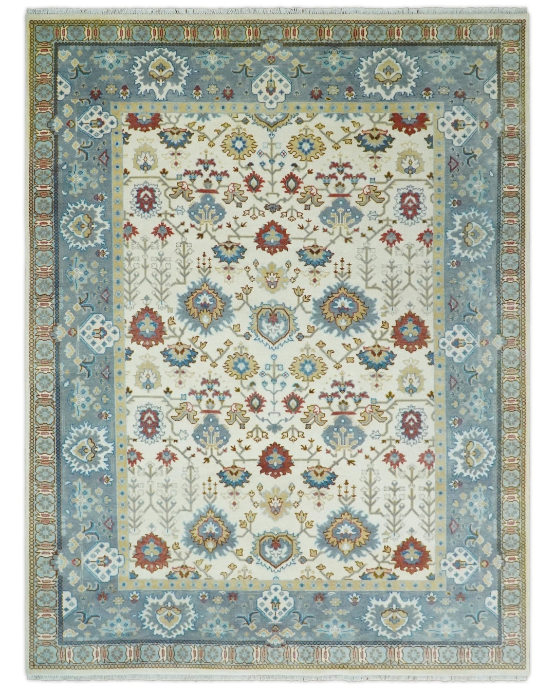 9x12 Hand Knotted Ivory, Blue and Olive Persian Oushak Wool Area Rug | TRDCP904912 - The Rug Decor