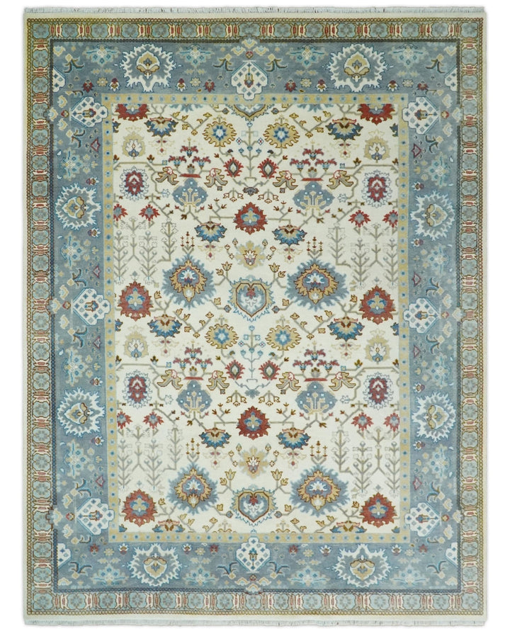 9x12 Hand Knotted Ivory, Blue and Olive Persian Oushak Wool Area Rug | TRDCP904912 - The Rug Decor