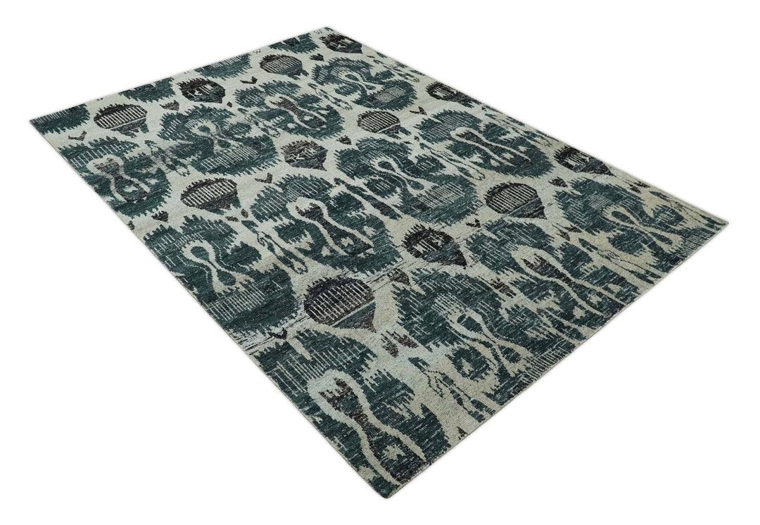 9x12 Hand Knotted Ivory, Teal and Brown Antique Persian Style Contemporary Recycled Silk Area Rug | OP38 - The Rug Decor