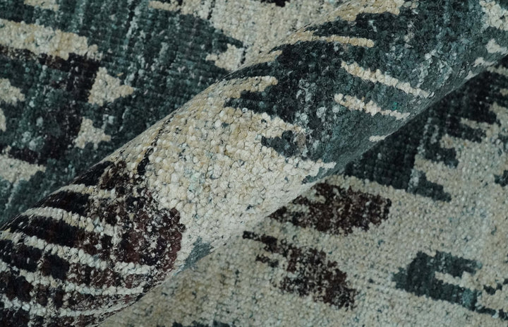 9x12 Hand Knotted Ivory, Teal and Brown Antique Persian Style Contemporary Recycled Silk Area Rug | OP38 - The Rug Decor