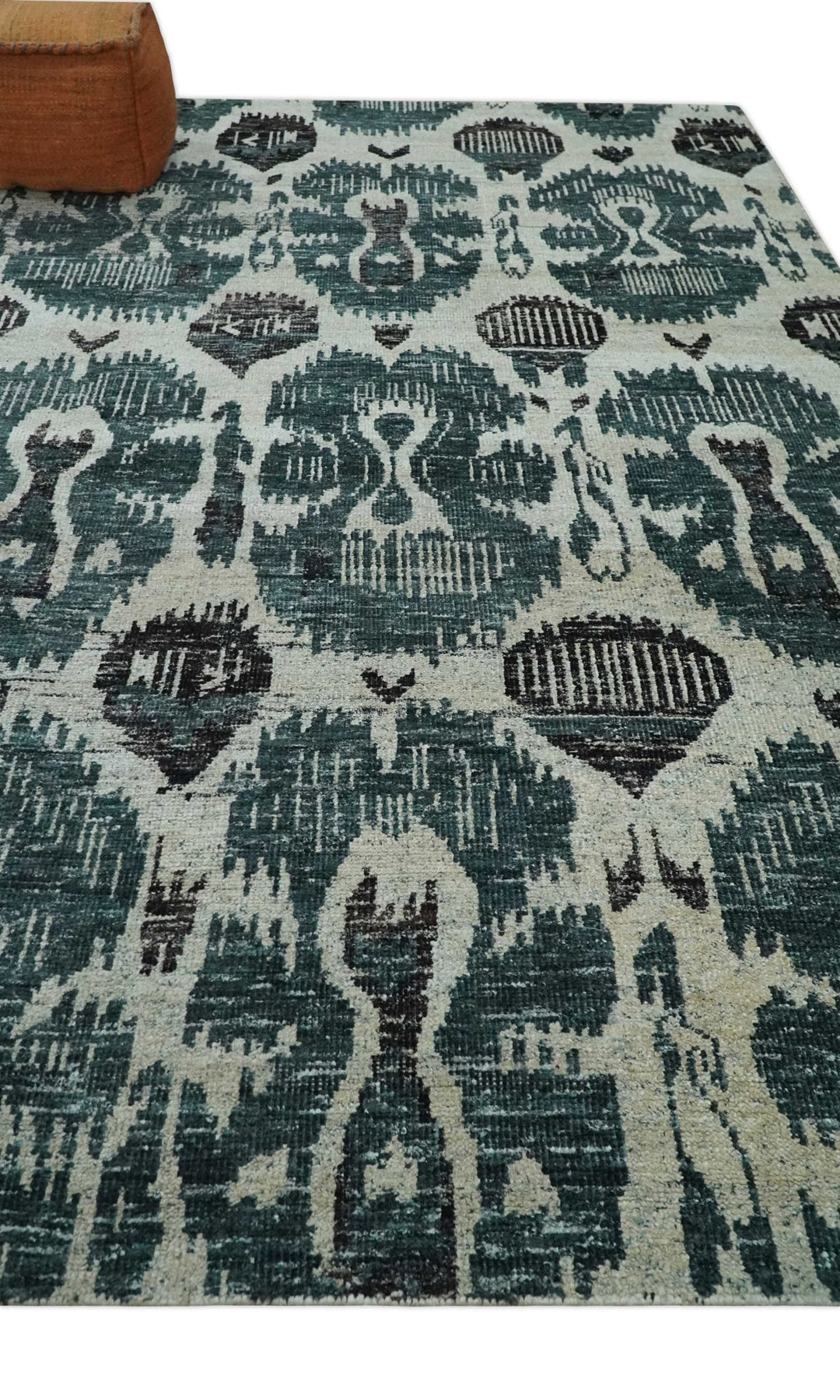 9x12 Hand Knotted Ivory, Teal and Brown Antique Persian Style Contemporary Recycled Silk Area Rug | OP38 - The Rug Decor