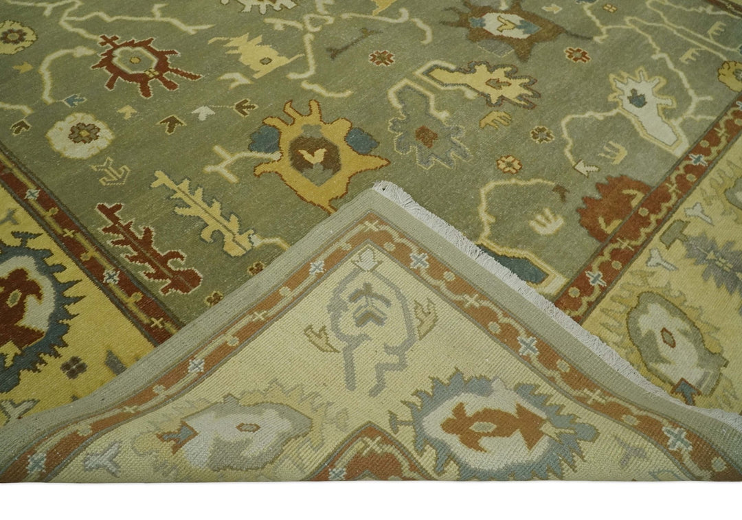 9x12 Hand Knotted Olive and Gold Traditional Oushak Wool Area Rug - The Rug Decor