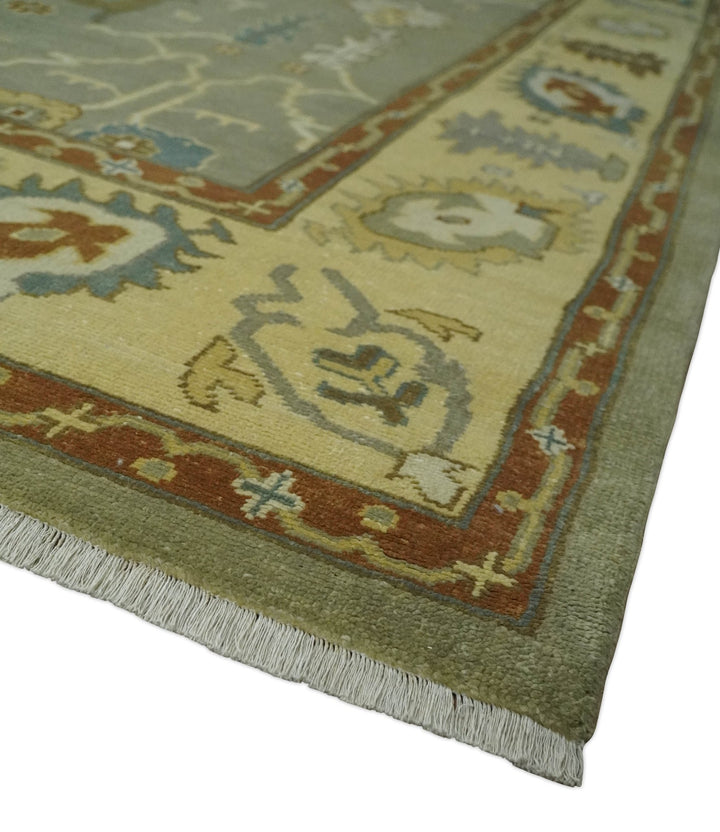 9x12 Hand Knotted Olive and Gold Traditional Oushak Wool Area Rug - The Rug Decor