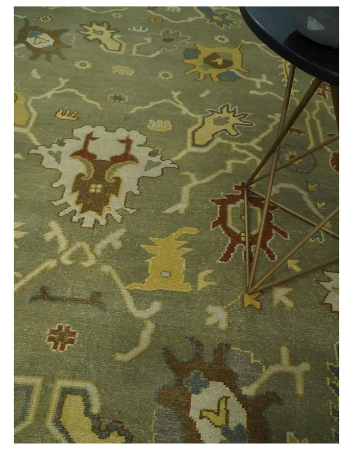 9x12 Hand Knotted Olive and Gold Traditional Oushak Wool Area Rug - The Rug Decor