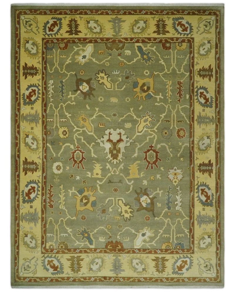 9x12 Hand Knotted Olive and Gold Traditional Oushak Wool Area Rug - The Rug Decor