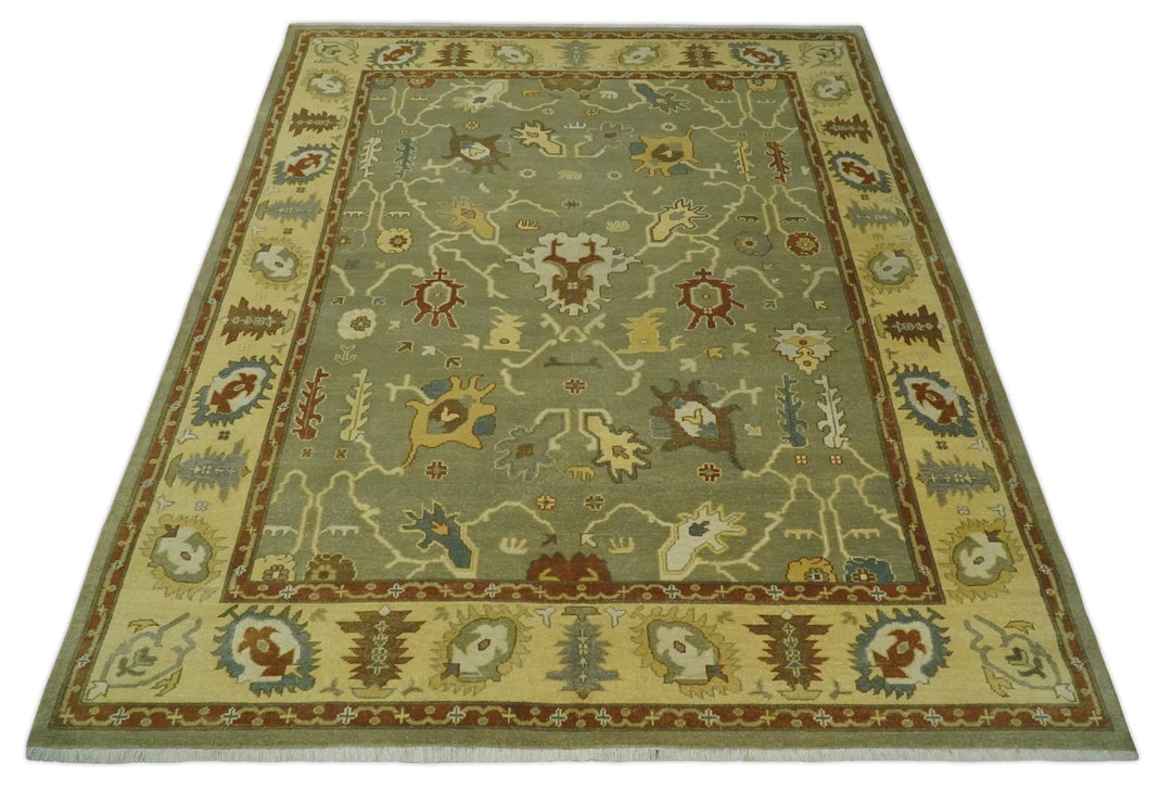 9x12 Hand Knotted Olive and Gold Traditional Oushak Wool Area Rug - The Rug Decor