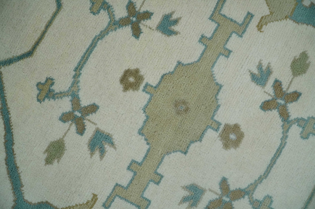 9x12 Hand Knotted Oriental Oushak Ivory, Teal and Beige Wool Area Rug - The Rug Decor