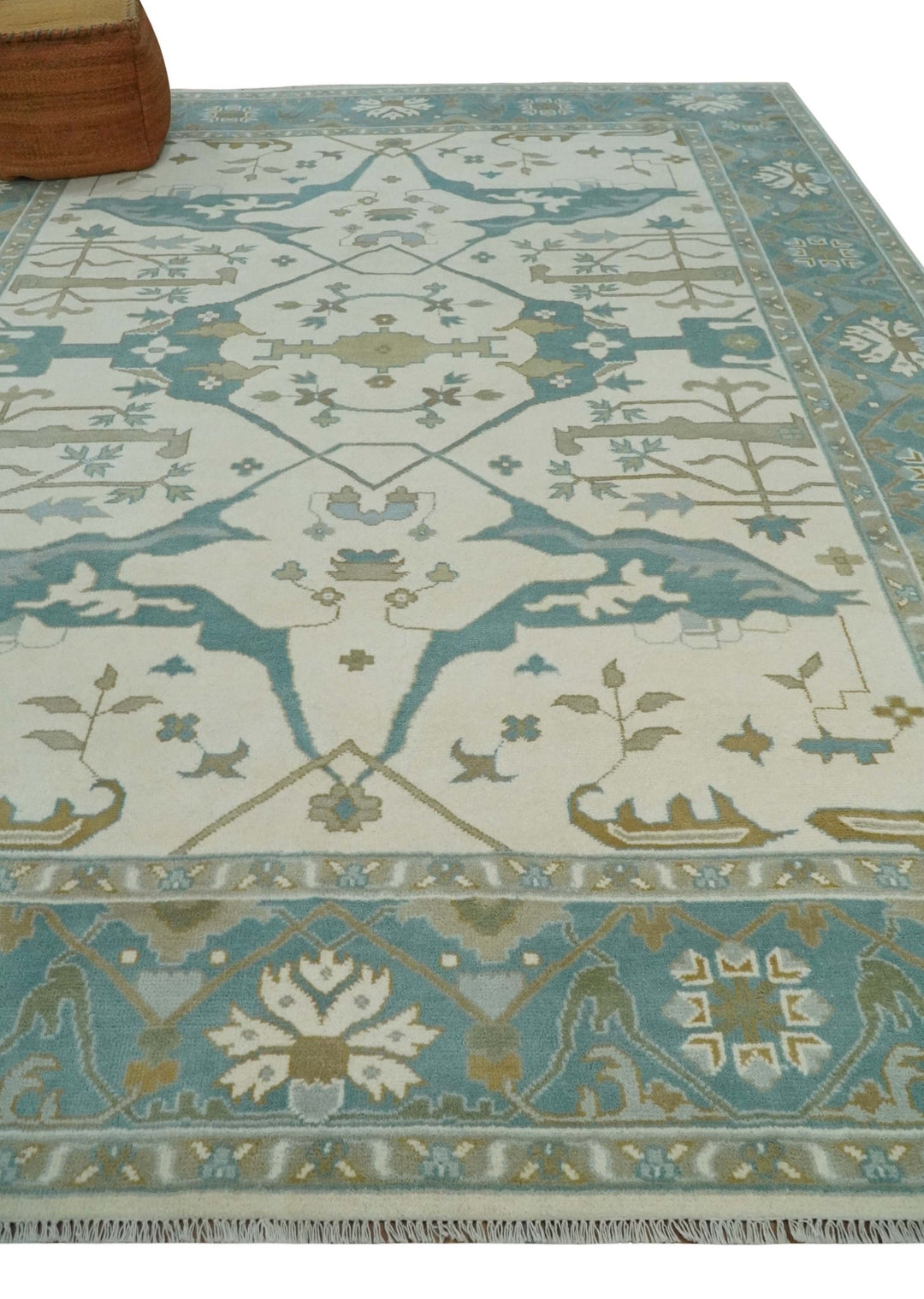 9x12 Hand Knotted Oriental Oushak Ivory, Teal and Beige Wool Area Rug - The Rug Decor
