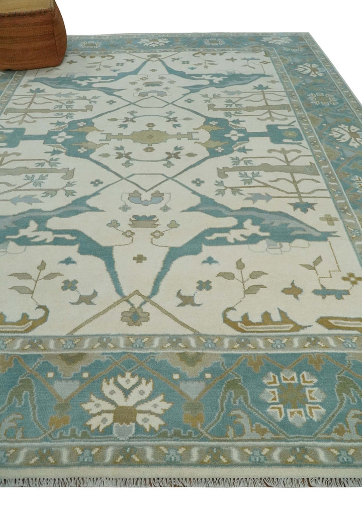 9x12 Hand Knotted Oriental Oushak Ivory, Teal and Beige Wool Area Rug - The Rug Decor