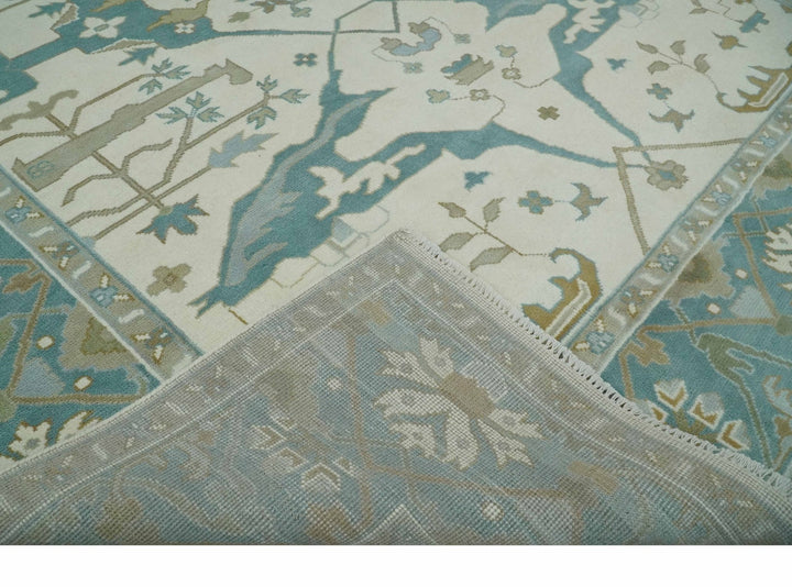 9x12 Hand Knotted Oriental Oushak Ivory, Teal and Beige Wool Area Rug - The Rug Decor