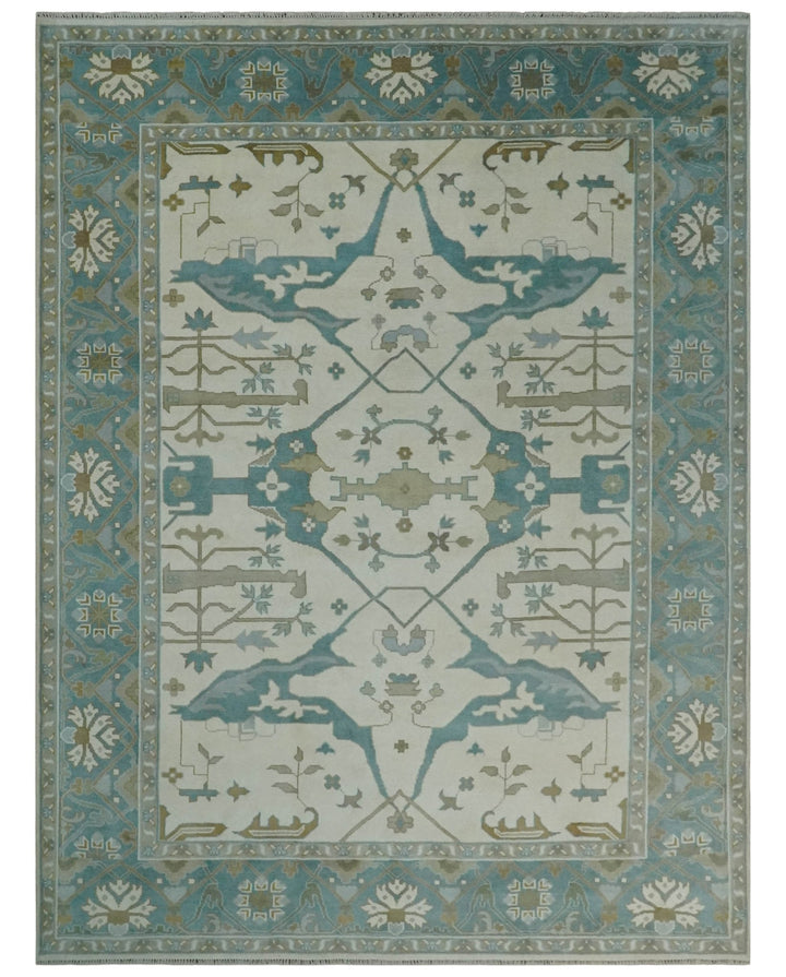 9x12 Hand Knotted Oriental Oushak Ivory, Teal and Beige Wool Area Rug - The Rug Decor