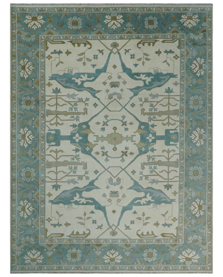 9x12 Hand Knotted Oriental Oushak Ivory, Teal and Beige Wool Area Rug - The Rug Decor
