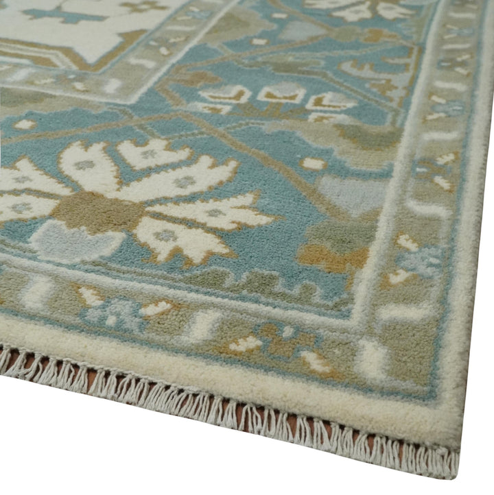 9x12 Hand Knotted Oriental Oushak Ivory, Teal and Beige Wool Area Rug - The Rug Decor
