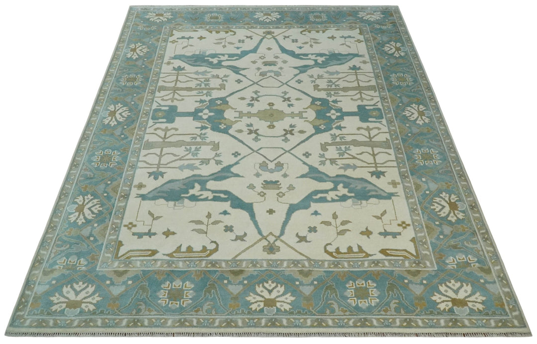 9x12 Hand Knotted Oriental Oushak Ivory, Teal and Beige Wool Area Rug - The Rug Decor