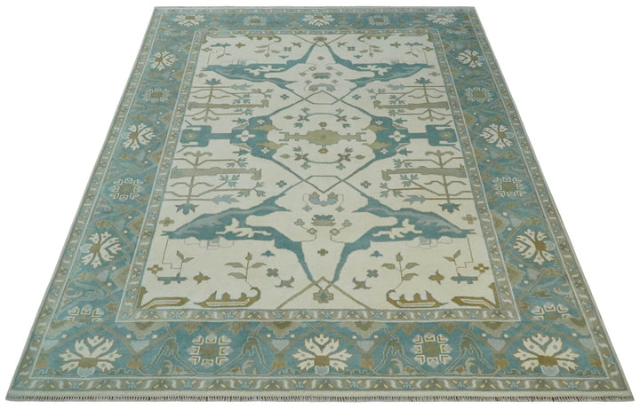 9x12 Hand Knotted Oriental Oushak Ivory, Teal and Beige Wool Area Rug - The Rug Decor