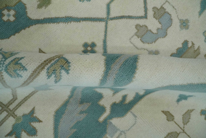 9x12 Hand Knotted Oriental Oushak Ivory, Teal and Beige Wool Area Rug - The Rug Decor