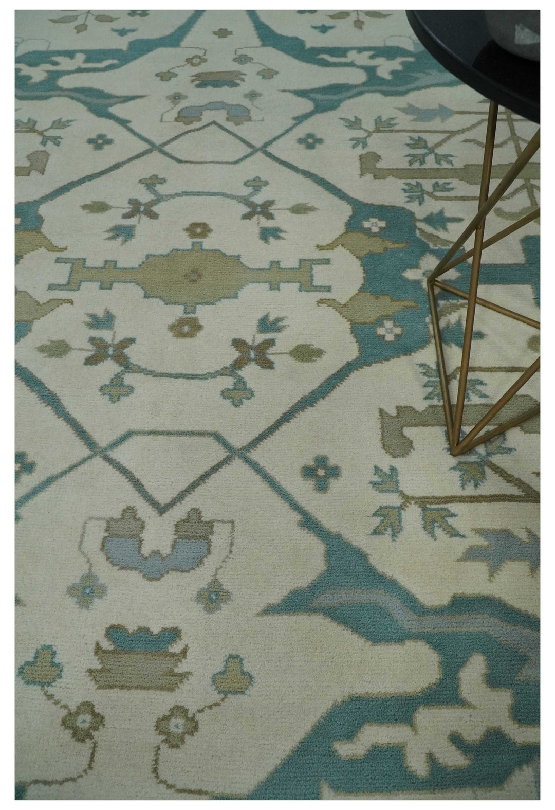 9x12 Hand Knotted Oriental Oushak Ivory, Teal and Beige Wool Area Rug - The Rug Decor