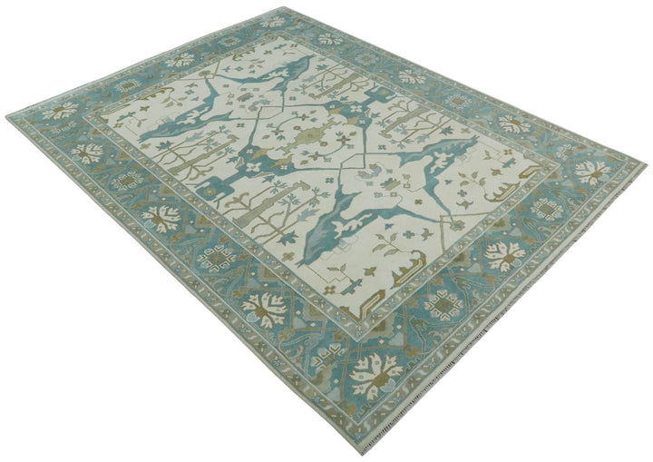 9x12 Hand Knotted Oriental Oushak Ivory, Teal and Beige Wool Area Rug - The Rug Decor