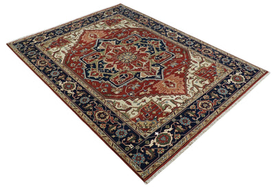 9x12 Hand Knotted Red and Ivory Traditional Heriz Serapi Antique Wool Rug | TRDCP767912 - The Rug Decor