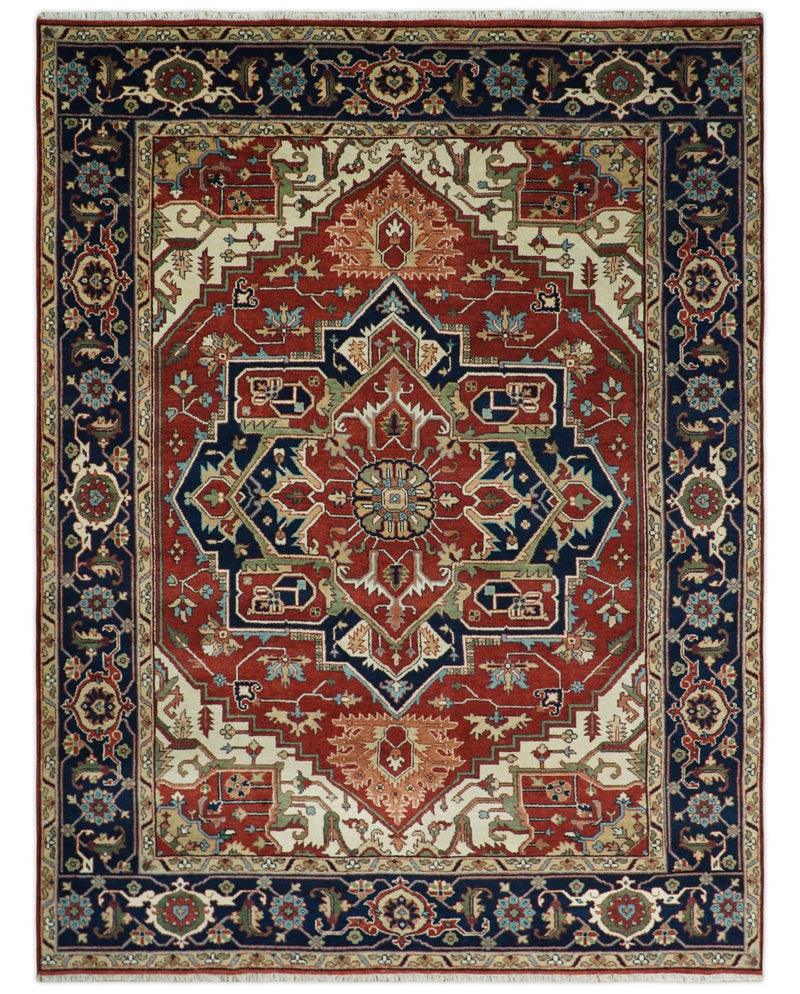 9x12 Hand Knotted Red and Ivory Traditional Heriz Serapi Antique Wool Rug | TRDCP767912 - The Rug Decor