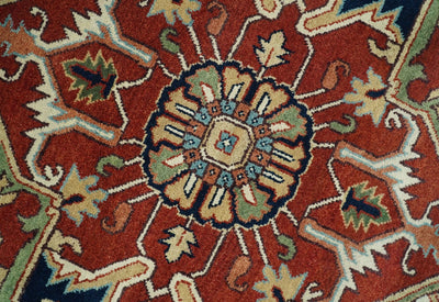 9x12 Hand Knotted Red and Ivory Traditional Heriz Serapi Antique Wool Rug | TRDCP767912 - The Rug Decor