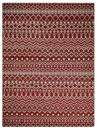 9x12 Hand Knotted Red and White Modern Contemporary Southwestern Tribal Trellis Recycled Silk Area Rug | OP15 - The Rug Decor