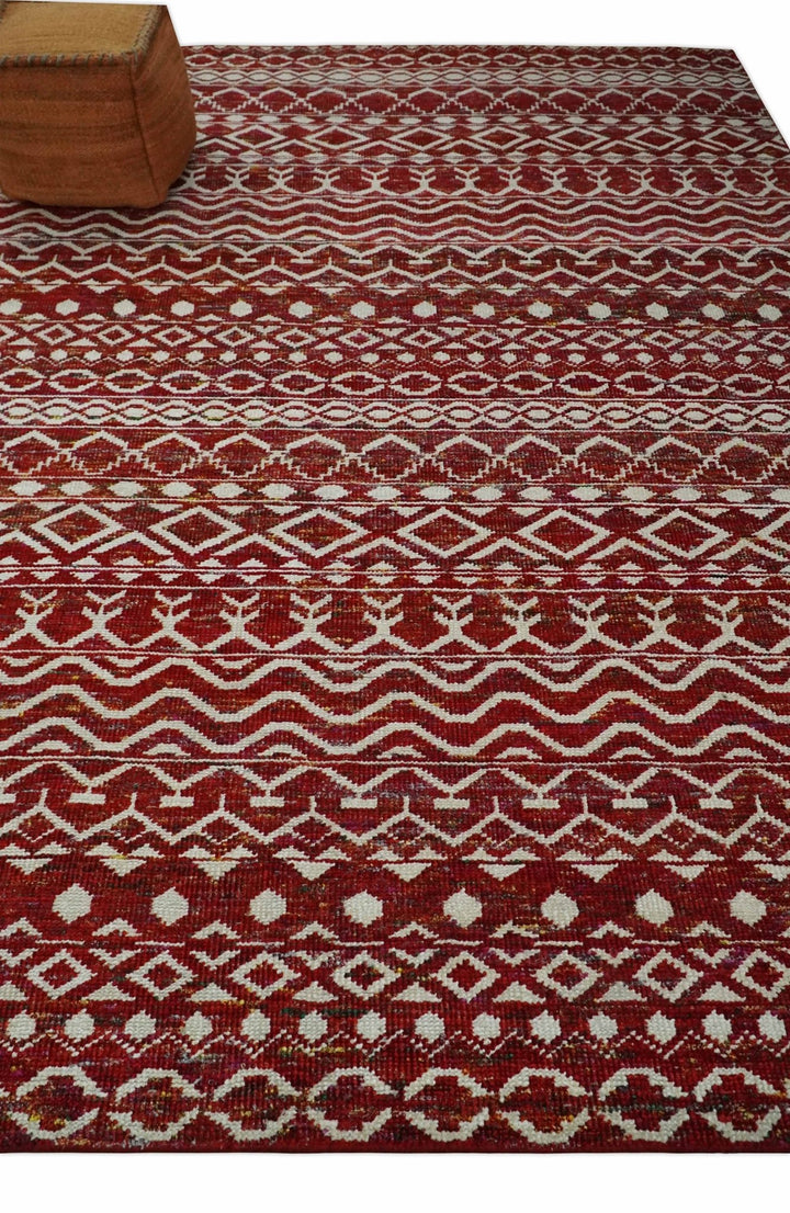 9x12 Hand Knotted Red and White Modern Contemporary Southwestern Tribal Trellis Recycled Silk Area Rug | OP15 - The Rug Decor