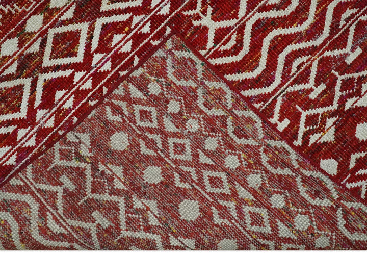 9x12 Hand Knotted Red and White Modern Contemporary Southwestern Tribal Trellis Recycled Silk Area Rug | OP15 - The Rug Decor