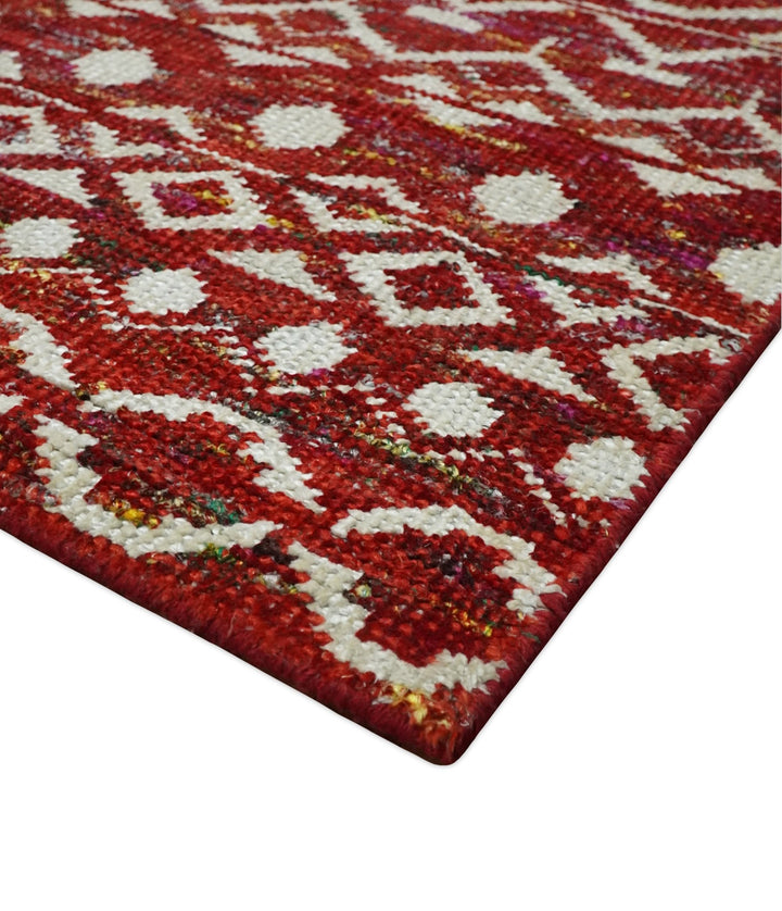 9x12 Hand Knotted Red and White Modern Contemporary Southwestern Tribal Trellis Recycled Silk Area Rug | OP15 - The Rug Decor
