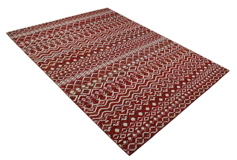 9x12 Hand Knotted Red and White Modern Contemporary Southwestern Tribal Trellis Recycled Silk Area Rug | OP15 - The Rug Decor