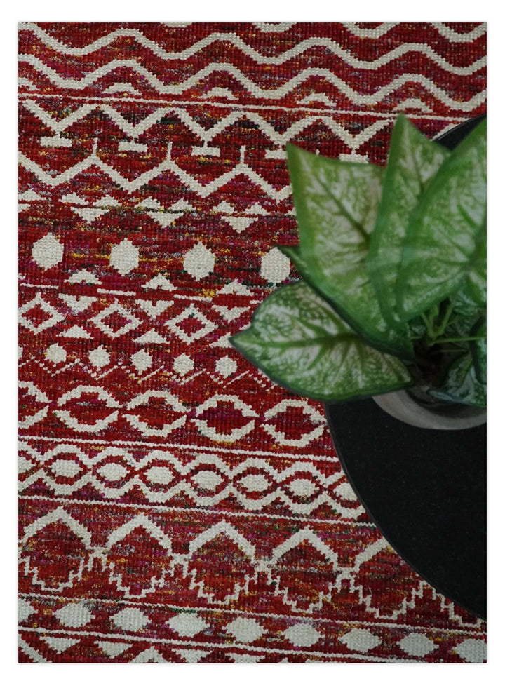 9x12 Hand Knotted Red and White Modern Contemporary Southwestern Tribal Trellis Recycled Silk Area Rug | OP15 - The Rug Decor